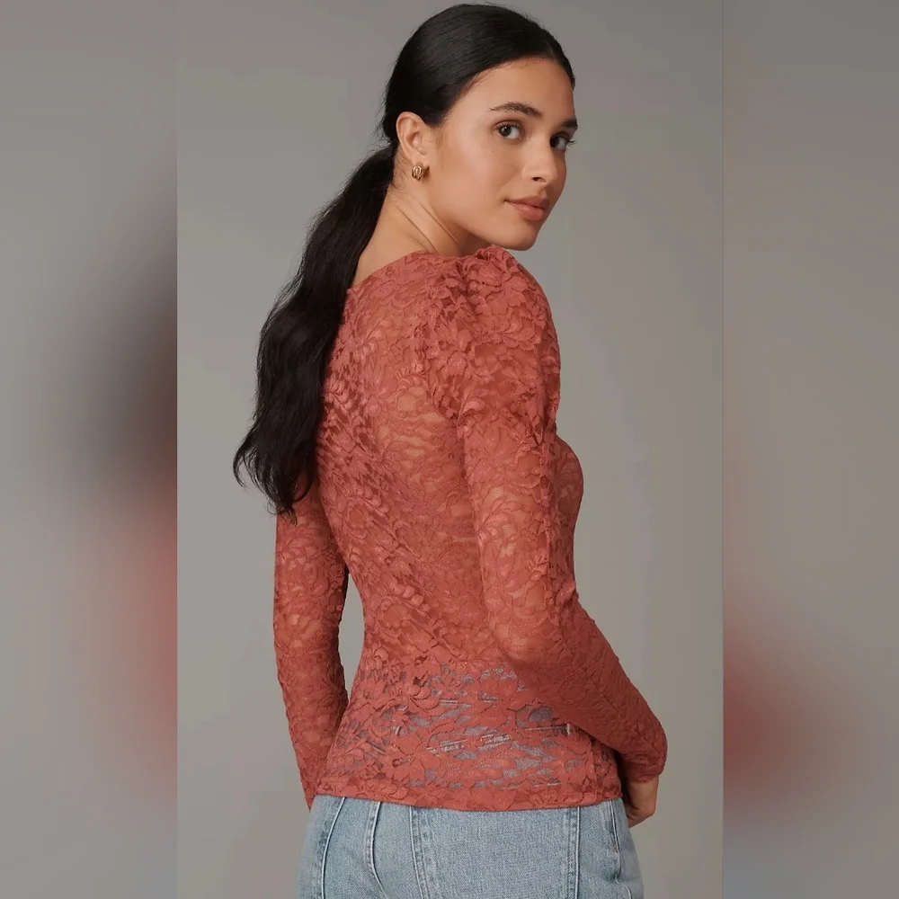 Anthropologie Puff-Sleeve Sheer Lace Top Dusty Pink